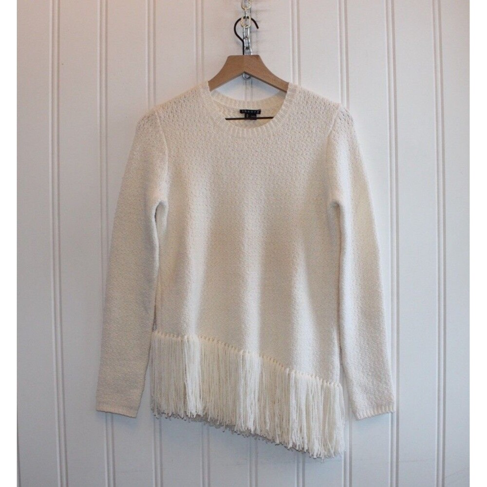 Theory Hudina Ivory Merino Wool Fringe Sweater Size M Quiet Luxury Minimalist